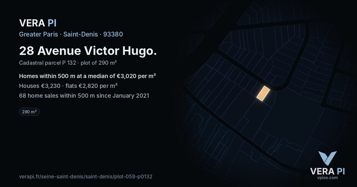 28 Avenue Victor Hugo, Saint-Denis at night – the plot lit, the parcels around coloured by the prices near them