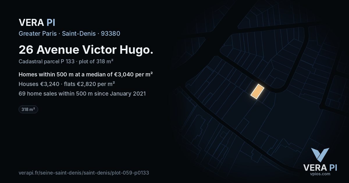 26 Avenue Victor Hugo, Saint-Denis at night – the plot lit, the parcels around coloured by the prices near them