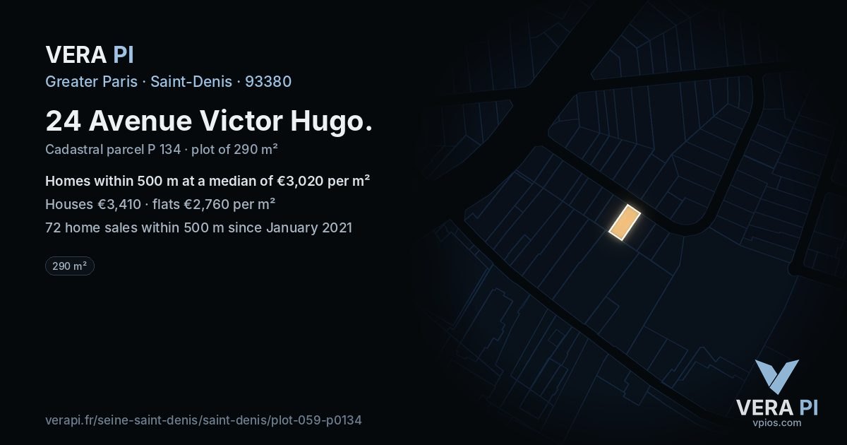 24 Avenue Victor Hugo, Saint-Denis at night – the plot lit, the parcels around coloured by the prices near them