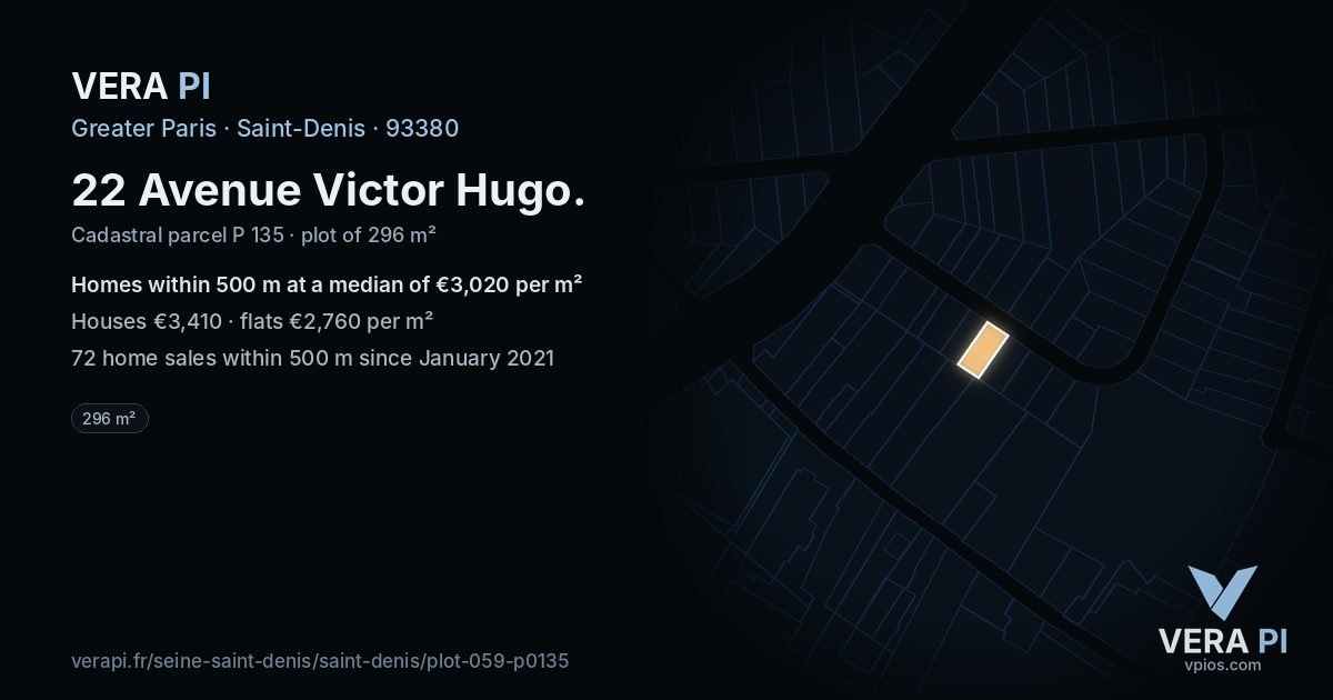 22 Avenue Victor Hugo, Saint-Denis at night – the plot lit, the parcels around coloured by the prices near them