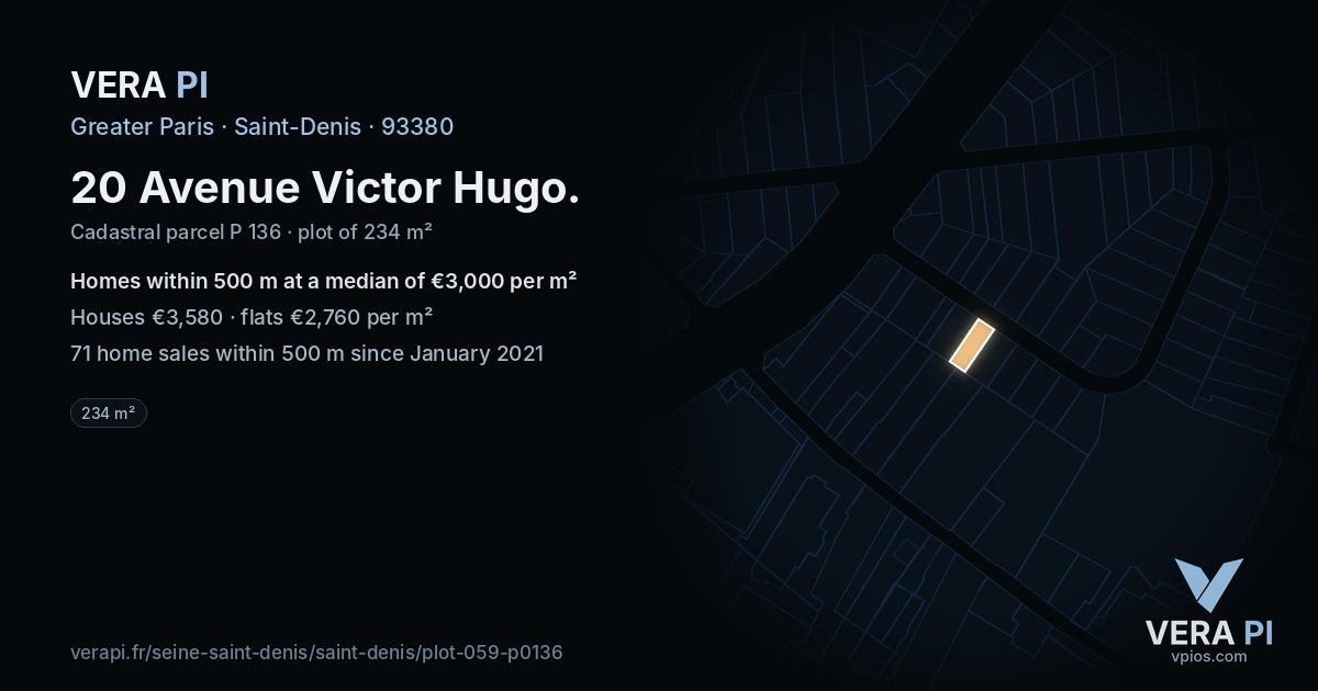 20 Avenue Victor Hugo, Saint-Denis at night – the plot lit, the parcels around coloured by the prices near them