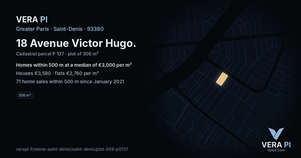 18 Avenue Victor Hugo, Saint-Denis at night – the plot lit, the parcels around coloured by the prices near them