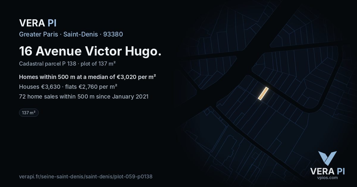 16 Avenue Victor Hugo, Saint-Denis at night – the plot lit, the parcels around coloured by the prices near them