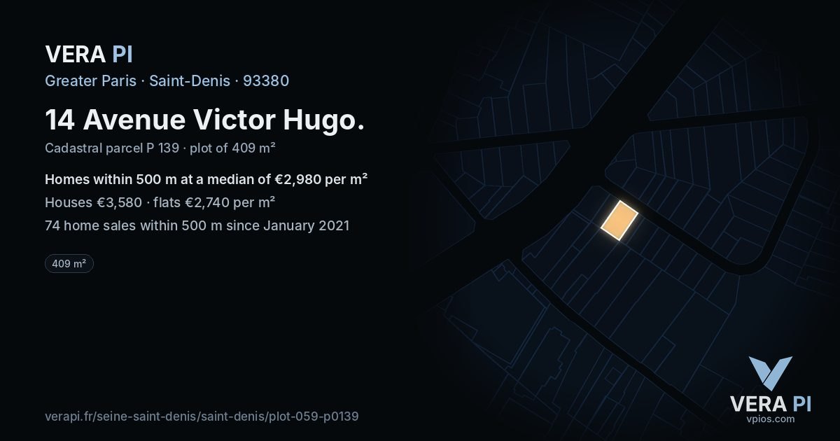 14 Avenue Victor Hugo, Saint-Denis at night – the plot lit, the parcels around coloured by the prices near them