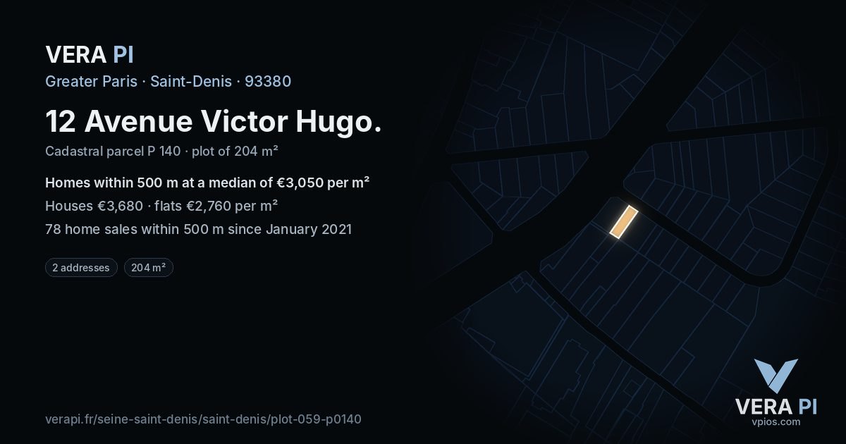 12 Avenue Victor Hugo, Saint-Denis at night – the plot lit, the parcels around coloured by the prices near them