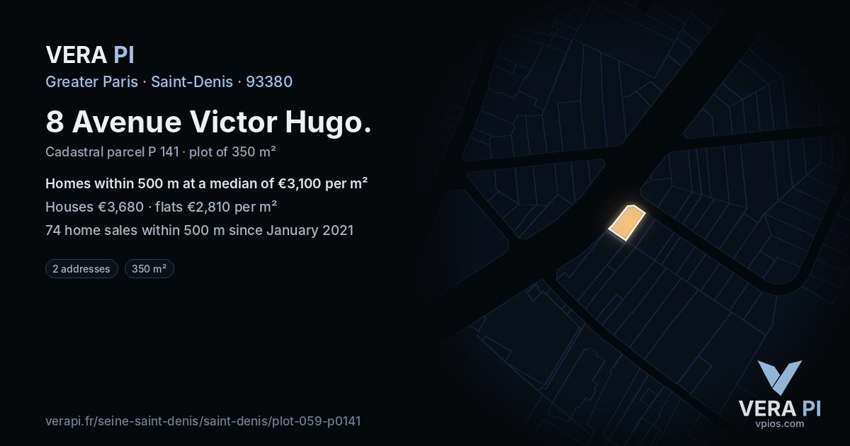 8 Avenue Victor Hugo, Saint-Denis at night – the plot lit, the parcels around coloured by the prices near them