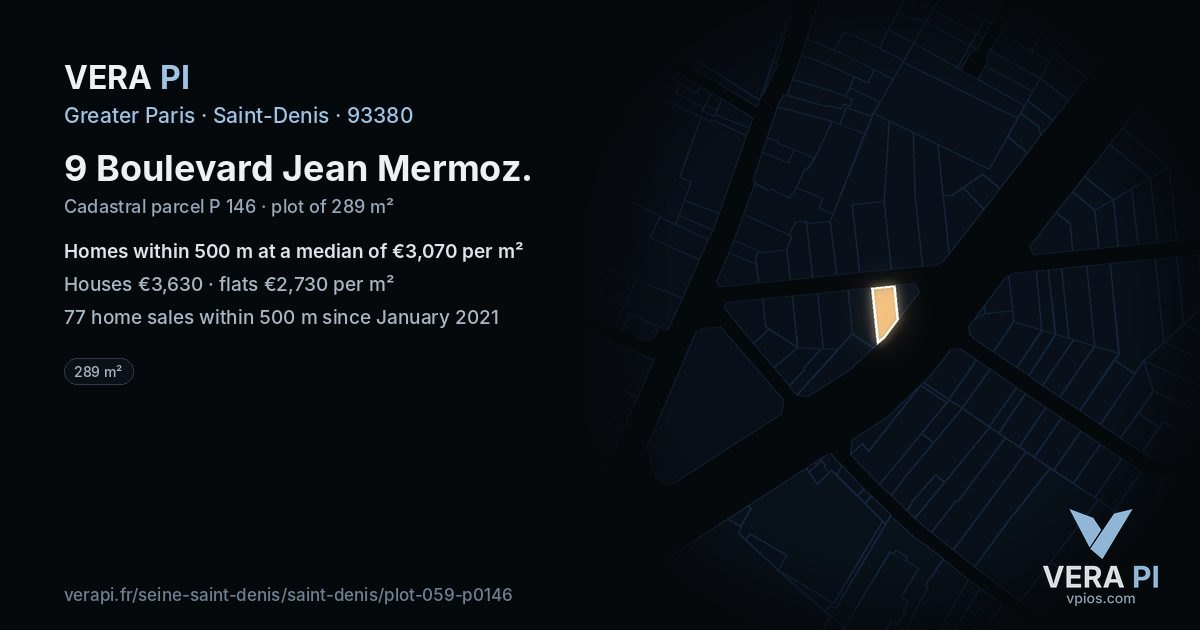 9 Boulevard Jean Mermoz, Saint-Denis at night – the plot lit, the parcels around coloured by the prices near them