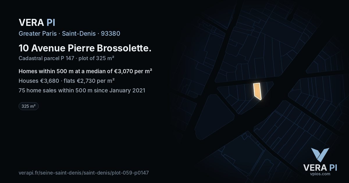 10 Avenue Pierre Brossolette, Saint-Denis at night – the plot lit, the parcels around coloured by the prices near them