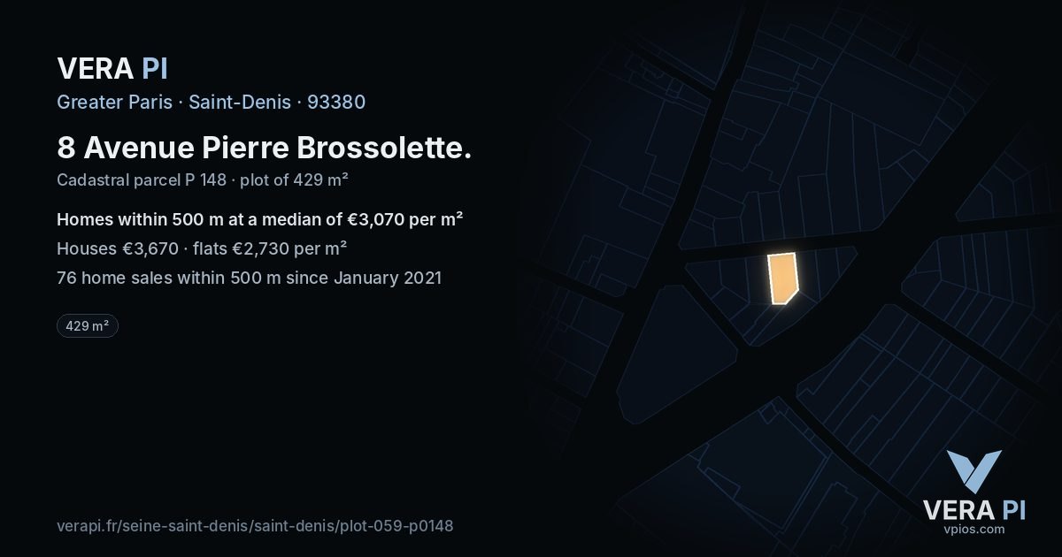 8 Avenue Pierre Brossolette, Saint-Denis at night – the plot lit, the parcels around coloured by the prices near them