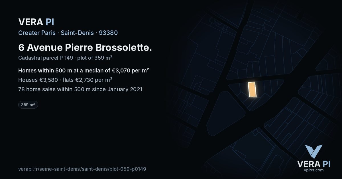 6 Avenue Pierre Brossolette, Saint-Denis at night – the plot lit, the parcels around coloured by the prices near them