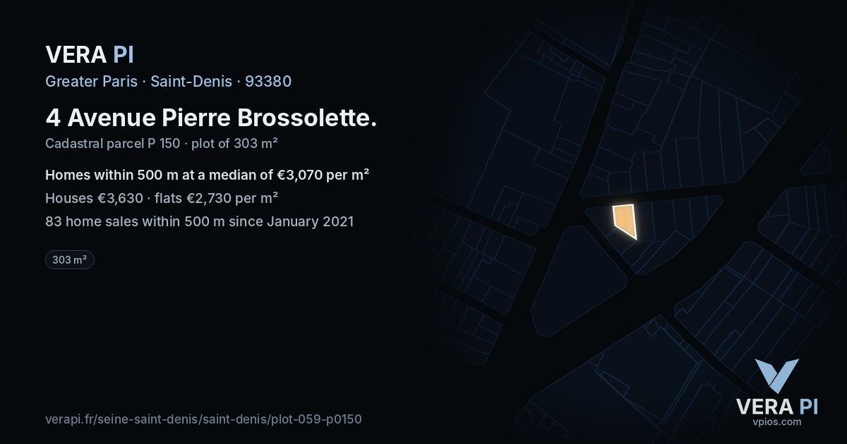 4 Avenue Pierre Brossolette, Saint-Denis at night – the plot lit, the parcels around coloured by the prices near them