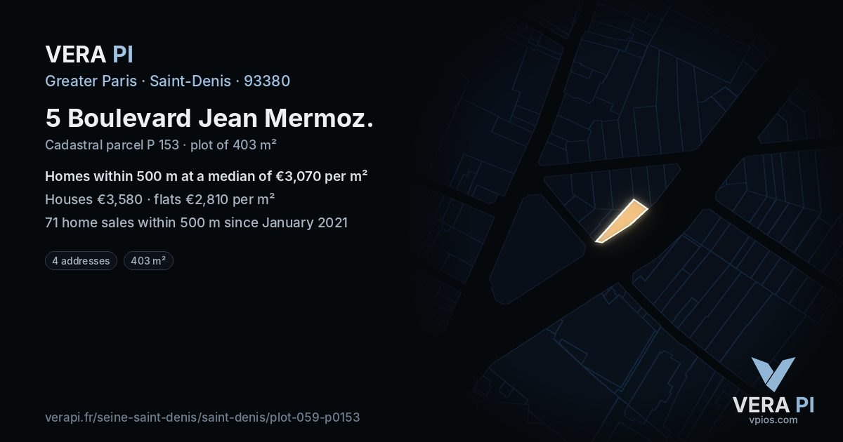 5 Boulevard Jean Mermoz, Saint-Denis at night – the plot lit, the parcels around coloured by the prices near them