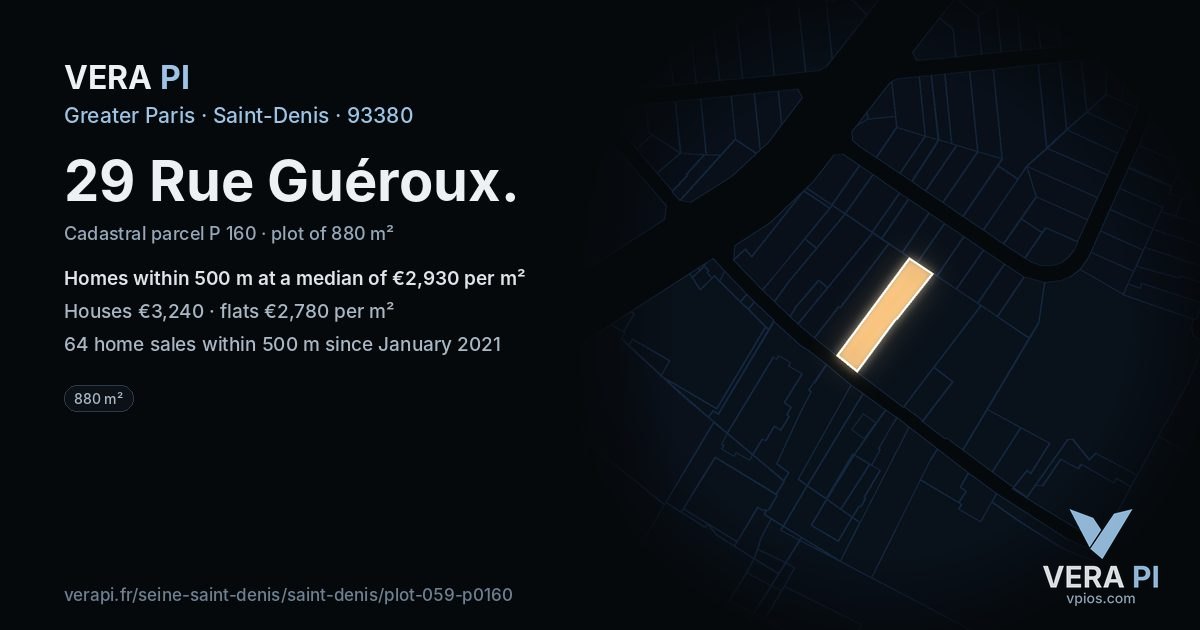29 Rue Guéroux, Saint-Denis at night – the plot lit, the parcels around coloured by the prices near them