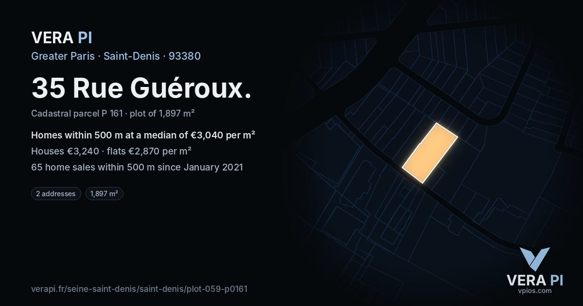 35 Rue Guéroux, Saint-Denis at night – the plot lit, the parcels around coloured by the prices near them