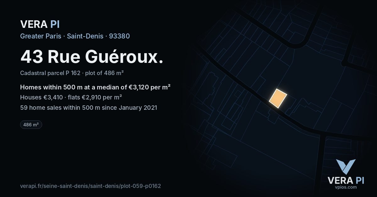 43 Rue Guéroux, Saint-Denis at night – the plot lit, the parcels around coloured by the prices near them