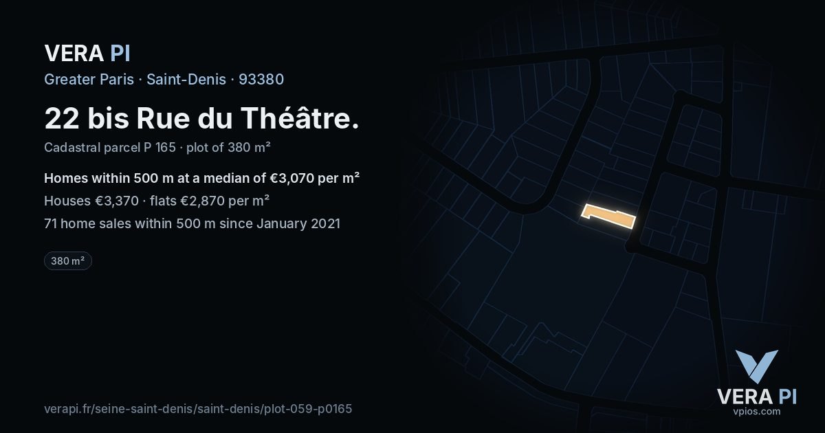 22 bis Rue du Théâtre, Saint-Denis at night – the plot lit, the parcels around coloured by the prices near them