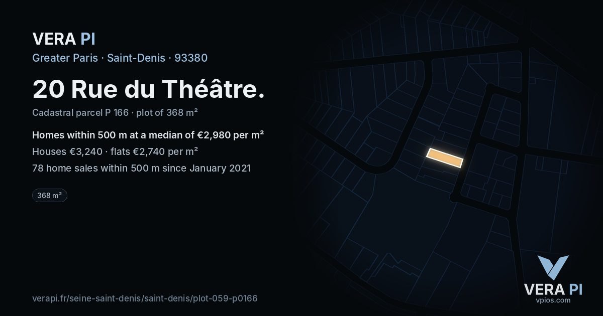 20 Rue du Théâtre, Saint-Denis at night – the plot lit, the parcels around coloured by the prices near them