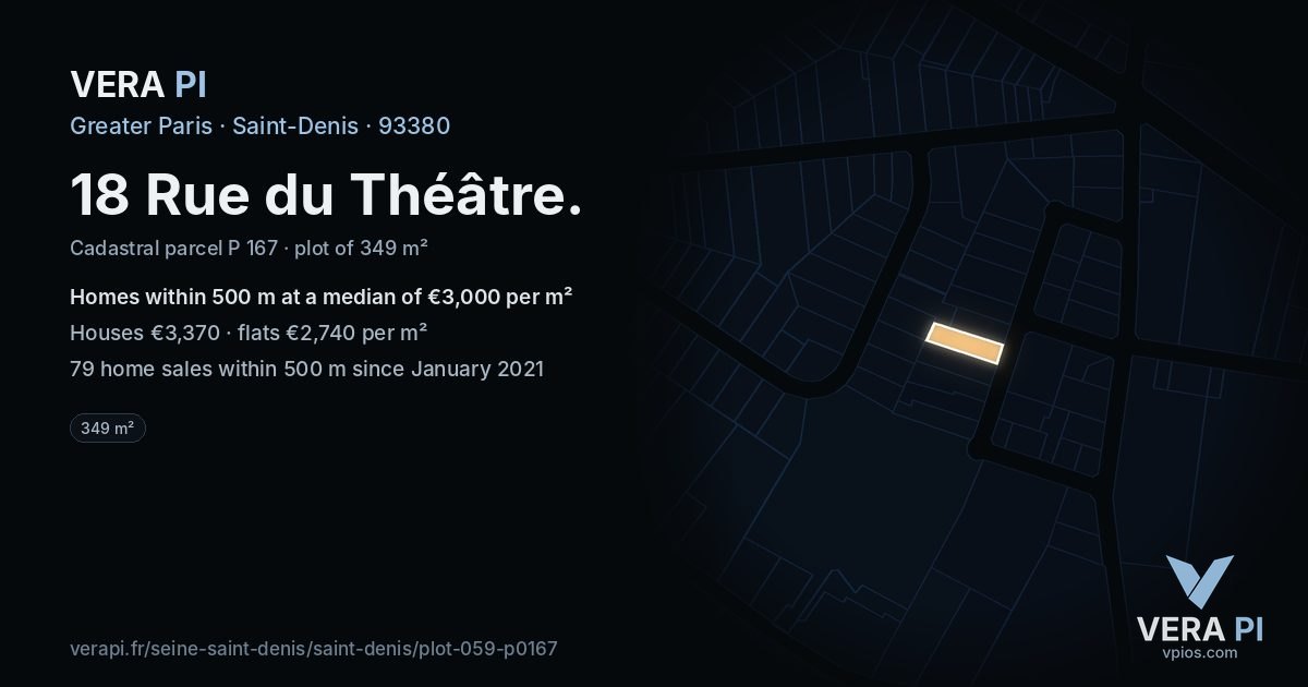 18 Rue du Théâtre, Saint-Denis at night – the plot lit, the parcels around coloured by the prices near them