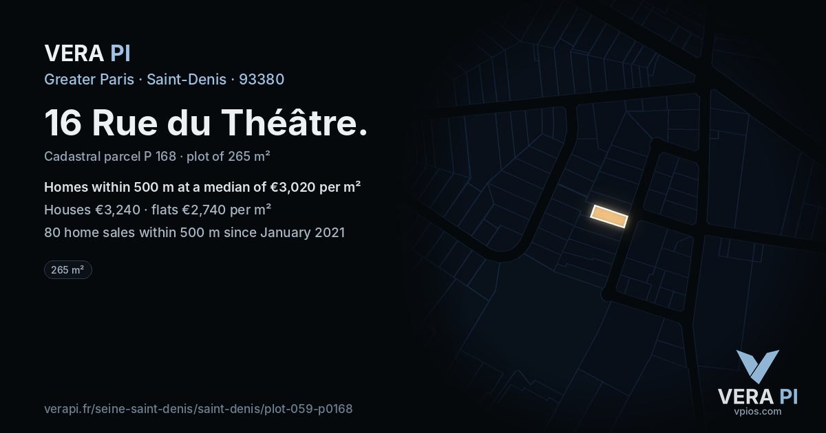 16 Rue du Théâtre, Saint-Denis at night – the plot lit, the parcels around coloured by the prices near them