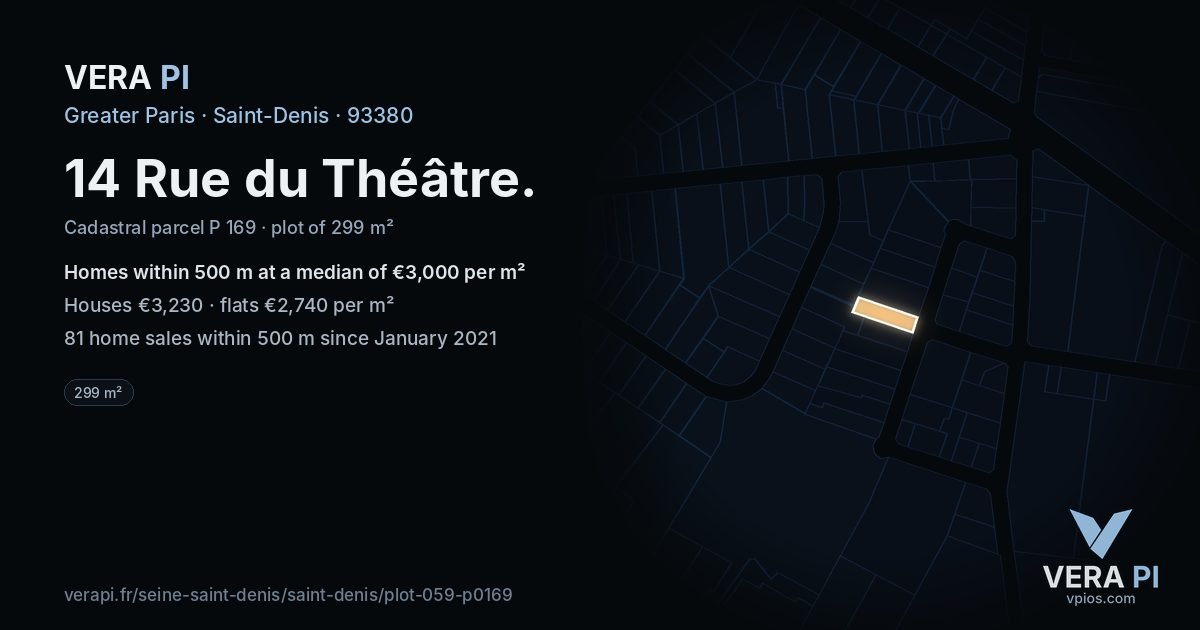 14 Rue du Théâtre, Saint-Denis at night – the plot lit, the parcels around coloured by the prices near them