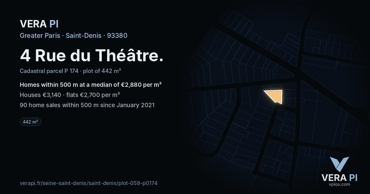 4 Rue du Théâtre, Saint-Denis at night – the plot lit, the parcels around coloured by the prices near them