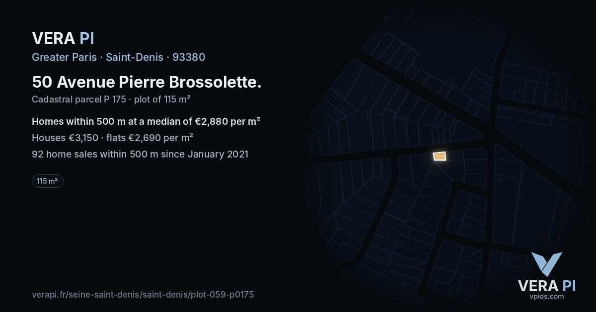 50 Avenue Pierre Brossolette, Saint-Denis at night – the plot lit, the parcels around coloured by the prices near them
