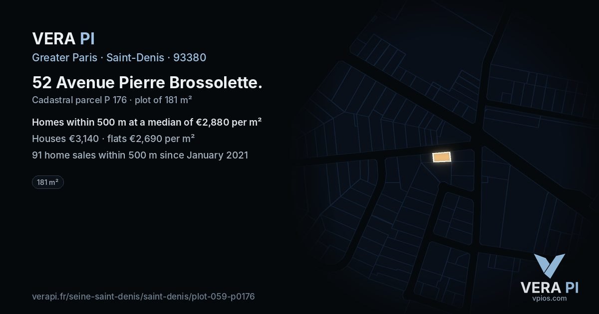 52 Avenue Pierre Brossolette, Saint-Denis at night – the plot lit, the parcels around coloured by the prices near them