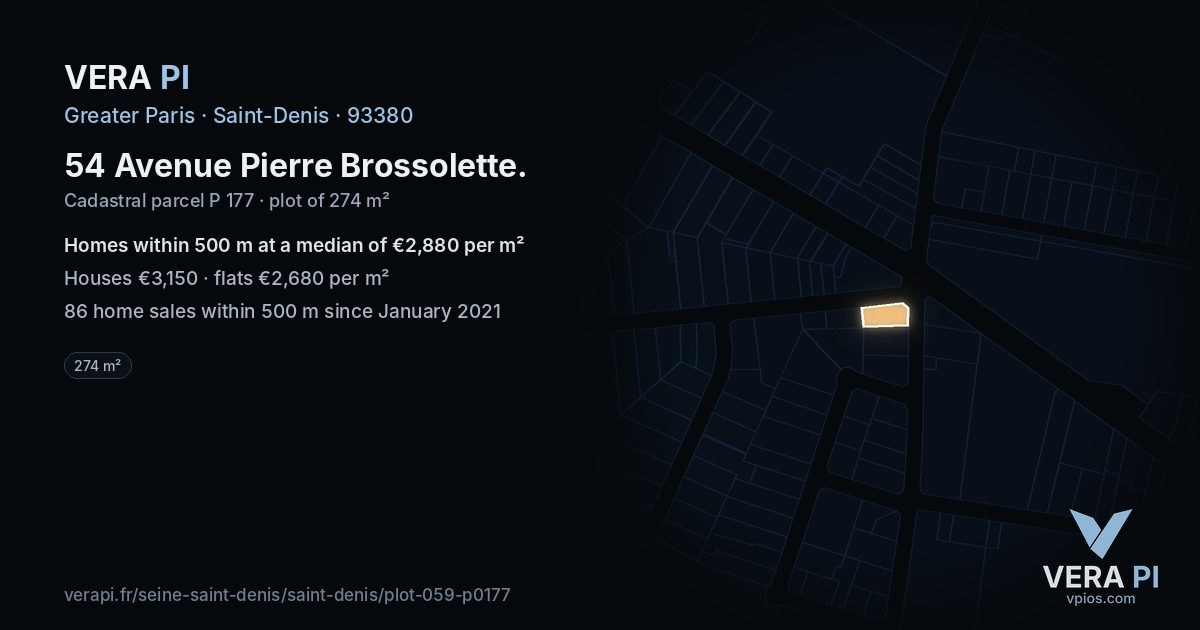 54 Avenue Pierre Brossolette, Saint-Denis at night – the plot lit, the parcels around coloured by the prices near them