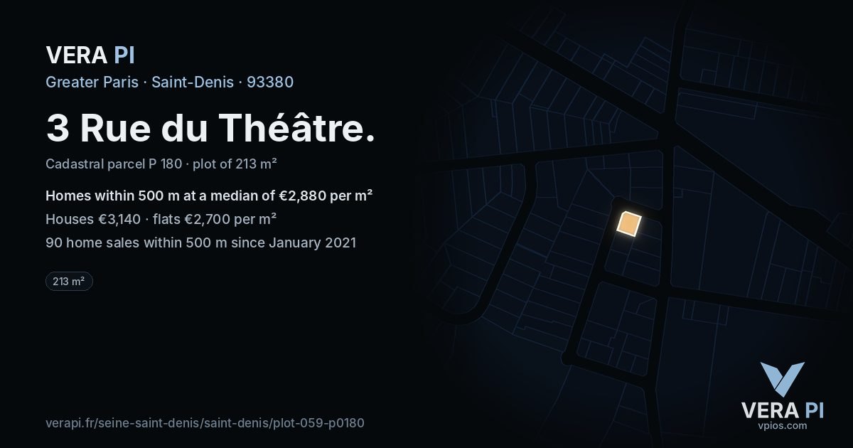 3 Rue du Théâtre, Saint-Denis at night – the plot lit, the parcels around coloured by the prices near them