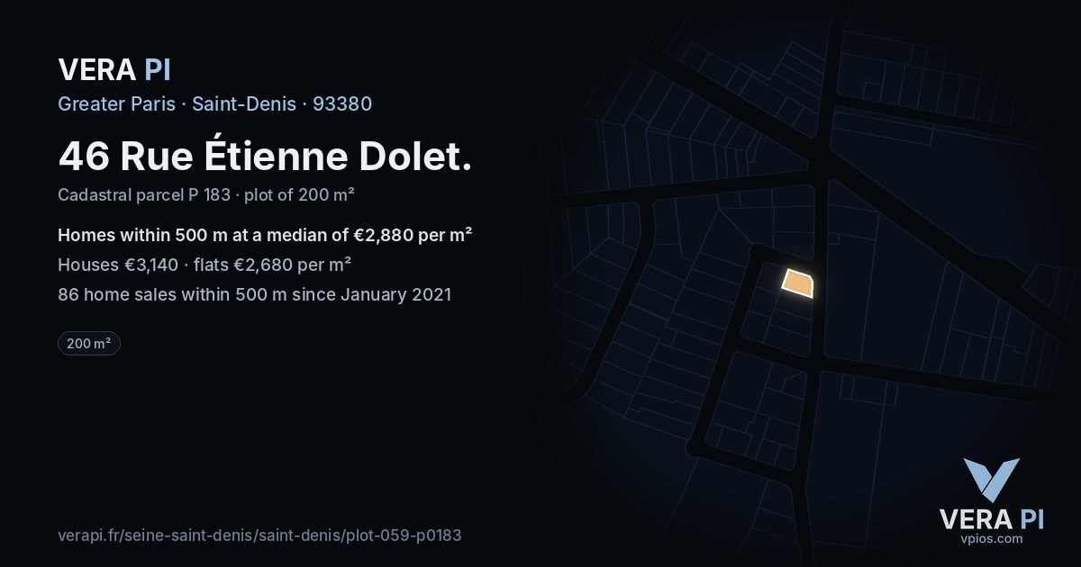 46 Rue Étienne Dolet, Saint-Denis at night – the plot lit, the parcels around coloured by the prices near them