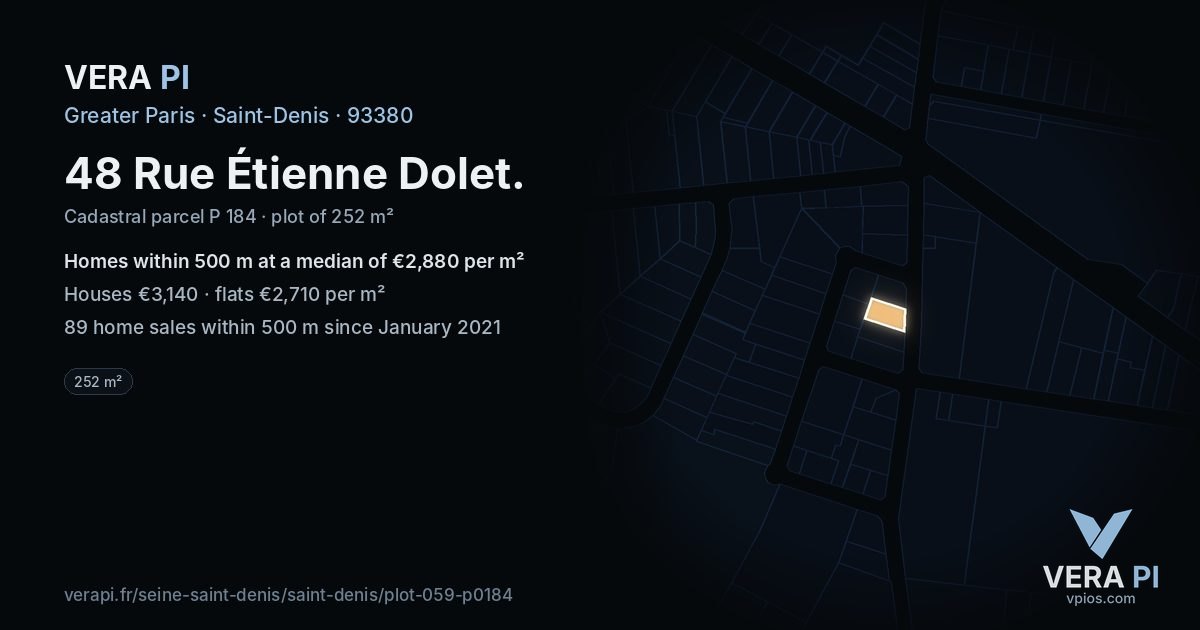 48 Rue Étienne Dolet, Saint-Denis at night – the plot lit, the parcels around coloured by the prices near them