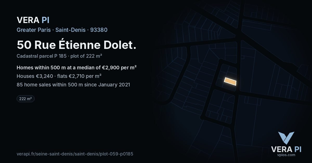 50 Rue Étienne Dolet, Saint-Denis at night – the plot lit, the parcels around coloured by the prices near them