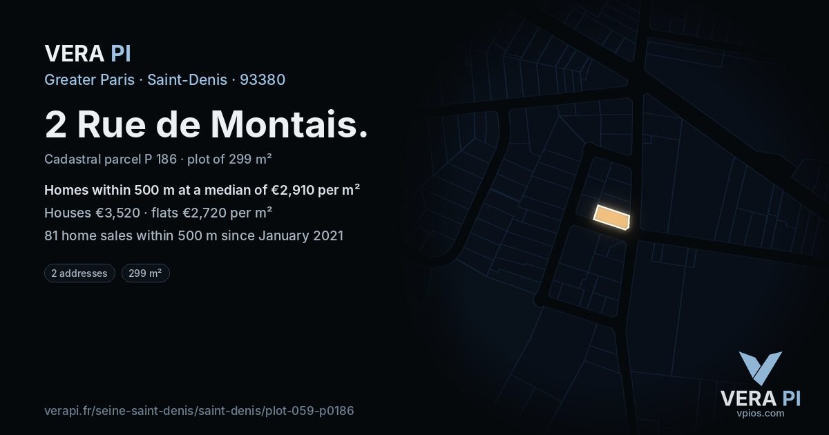 2 Rue de Montais, Saint-Denis at night – the plot lit, the parcels around coloured by the prices near them