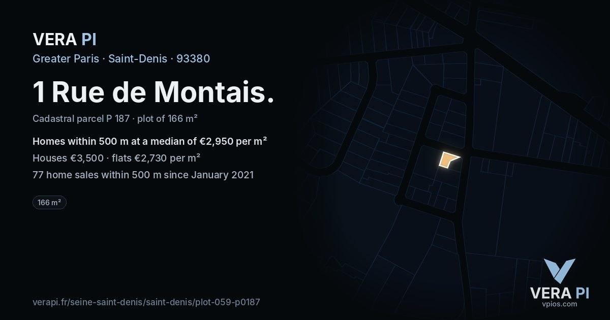 1 Rue de Montais, Saint-Denis at night – the plot lit, the parcels around coloured by the prices near them