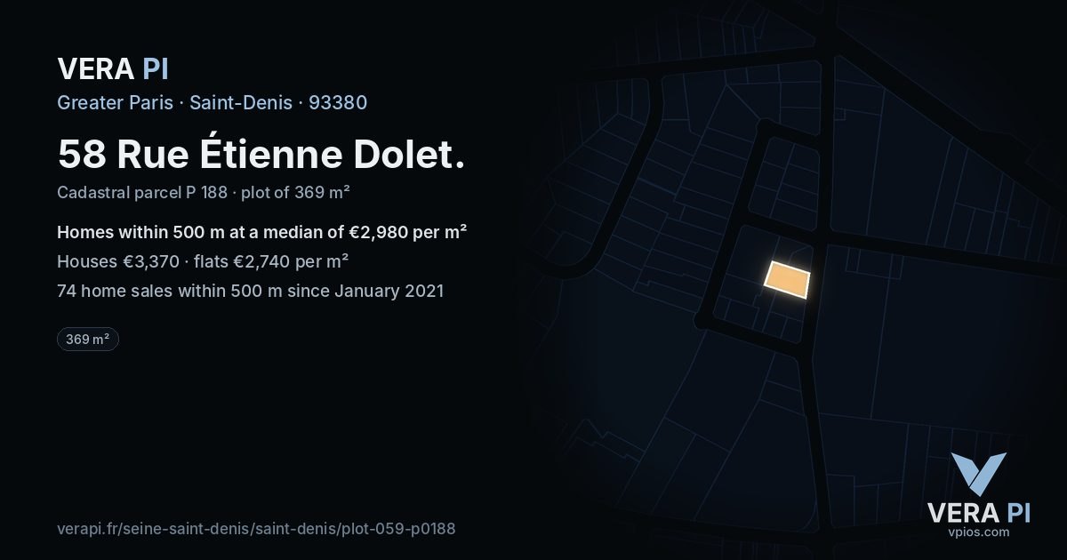 58 Rue Étienne Dolet, Saint-Denis at night – the plot lit, the parcels around coloured by the prices near them