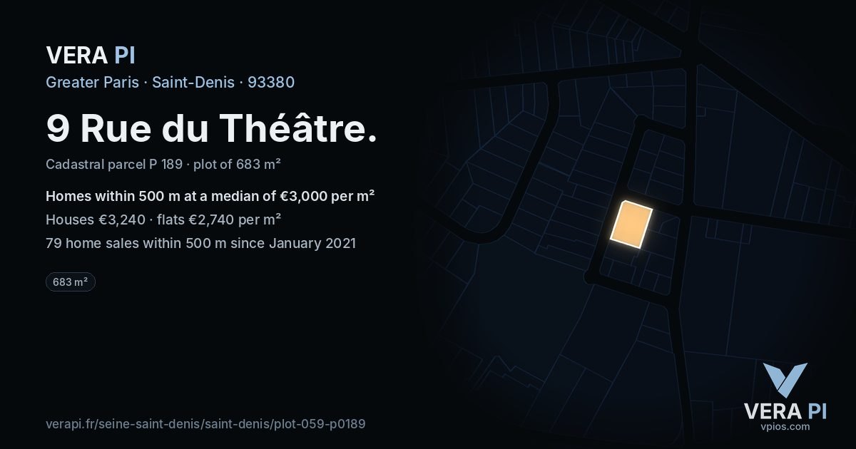 9 Rue du Théâtre, Saint-Denis at night – the plot lit, the parcels around coloured by the prices near them