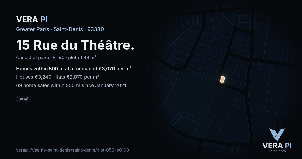 15 Rue du Théâtre, Saint-Denis at night – the plot lit, the parcels around coloured by the prices near them