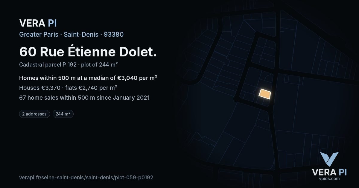 60 Rue Étienne Dolet, Saint-Denis at night – the plot lit, the parcels around coloured by the prices near them