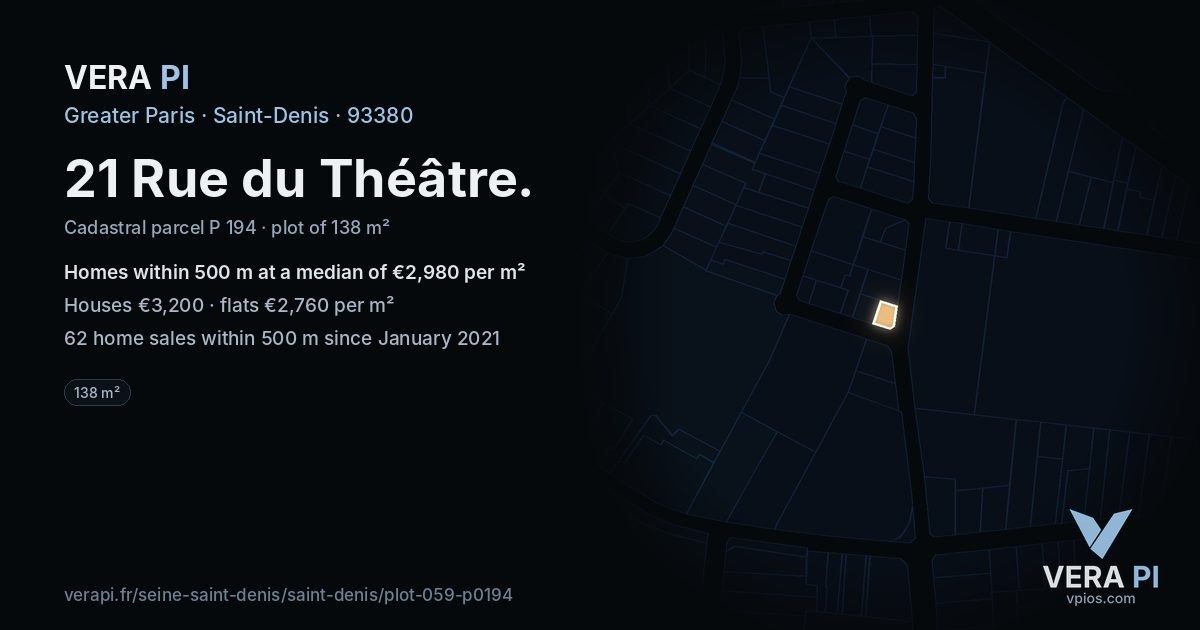 21 Rue du Théâtre, Saint-Denis at night – the plot lit, the parcels around coloured by the prices near them