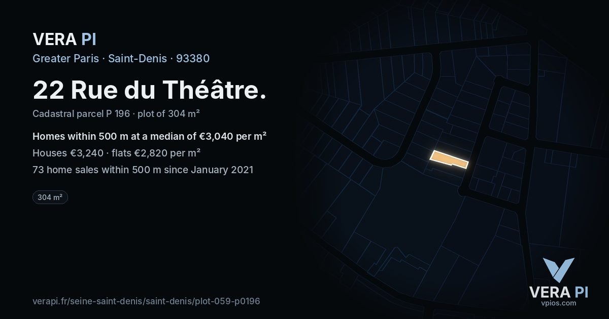 22 Rue du Théâtre, Saint-Denis at night – the plot lit, the parcels around coloured by the prices near them