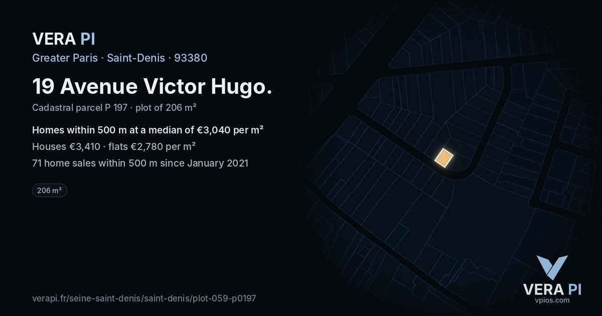 19 Avenue Victor Hugo, Saint-Denis at night – the plot lit, the parcels around coloured by the prices near them