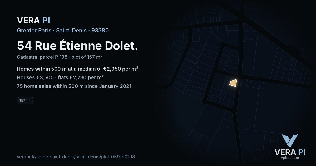 54 Rue Étienne Dolet, Saint-Denis at night – the plot lit, the parcels around coloured by the prices near them