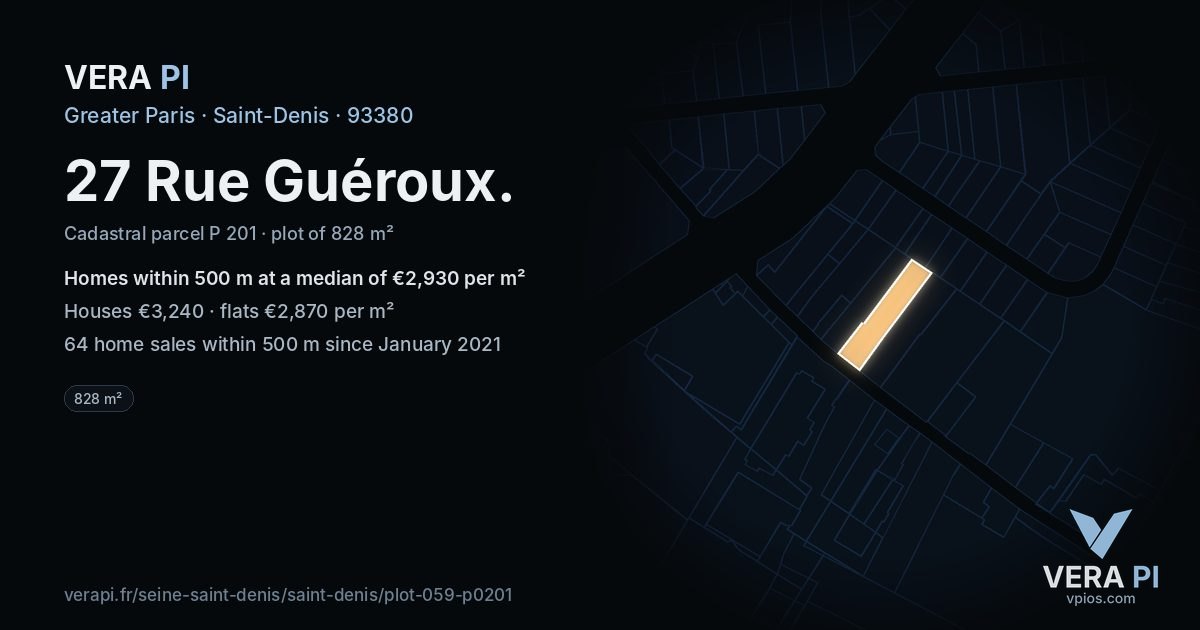 27 Rue Guéroux, Saint-Denis at night – the plot lit, the parcels around coloured by the prices near them