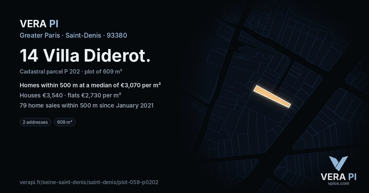 14 Villa Diderot, Saint-Denis at night – the plot lit, the parcels around coloured by the prices near them