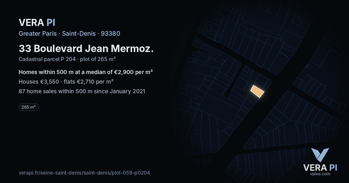 33 Boulevard Jean Mermoz, Saint-Denis at night – the plot lit, the parcels around coloured by the prices near them