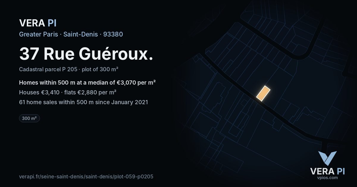 37 Rue Guéroux, Saint-Denis at night – the plot lit, the parcels around coloured by the prices near them