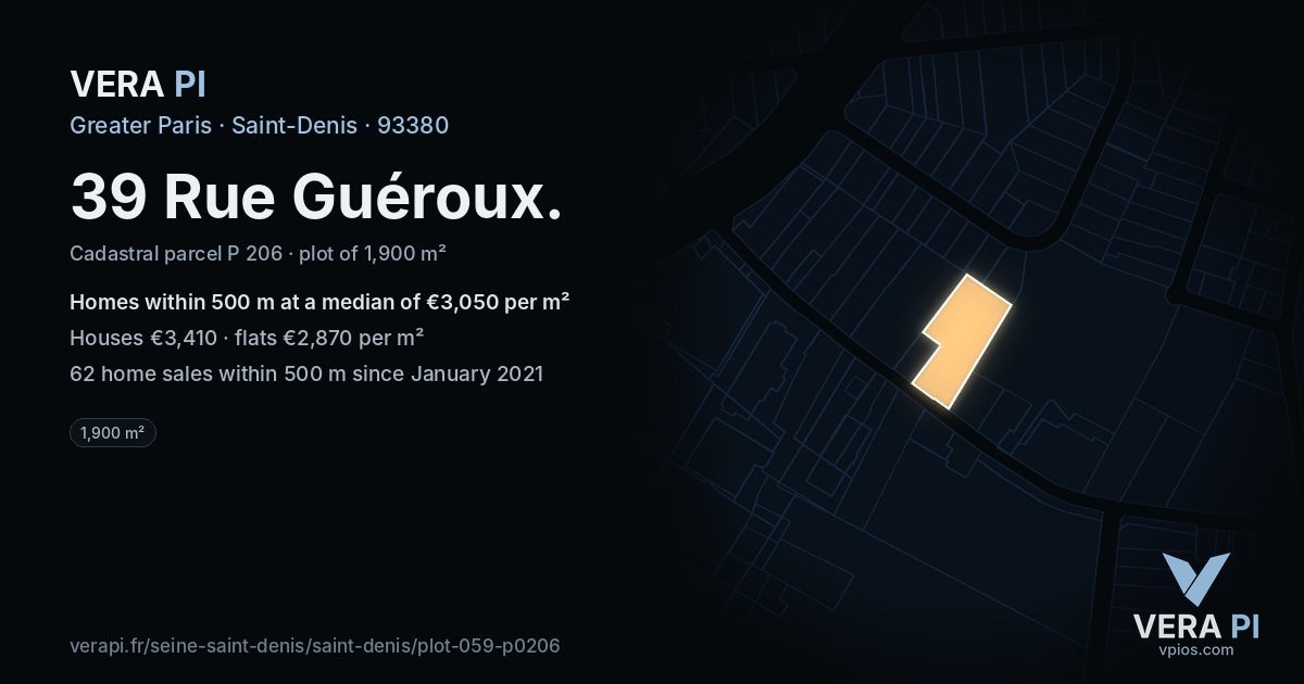39 Rue Guéroux, Saint-Denis at night – the plot lit, the parcels around coloured by the prices near them