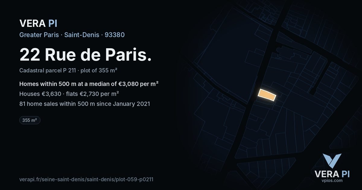 22 Rue de Paris, Saint-Denis at night – the plot lit, the parcels around coloured by the prices near them