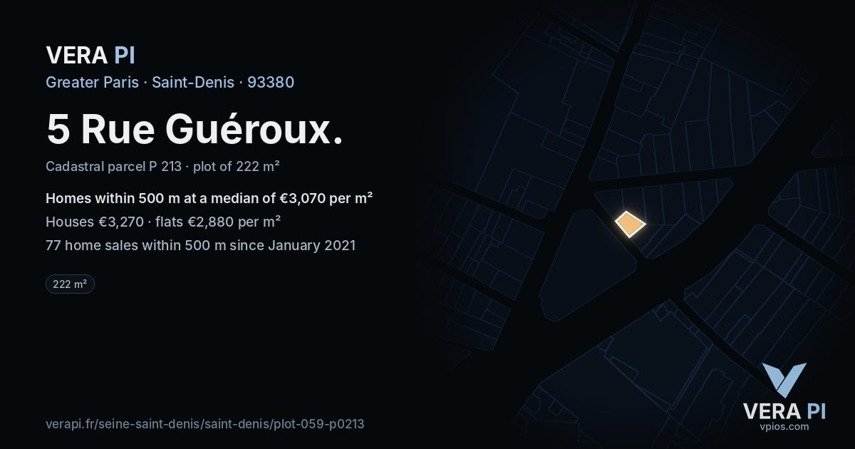 5 Rue Guéroux, Saint-Denis at night – the plot lit, the parcels around coloured by the prices near them