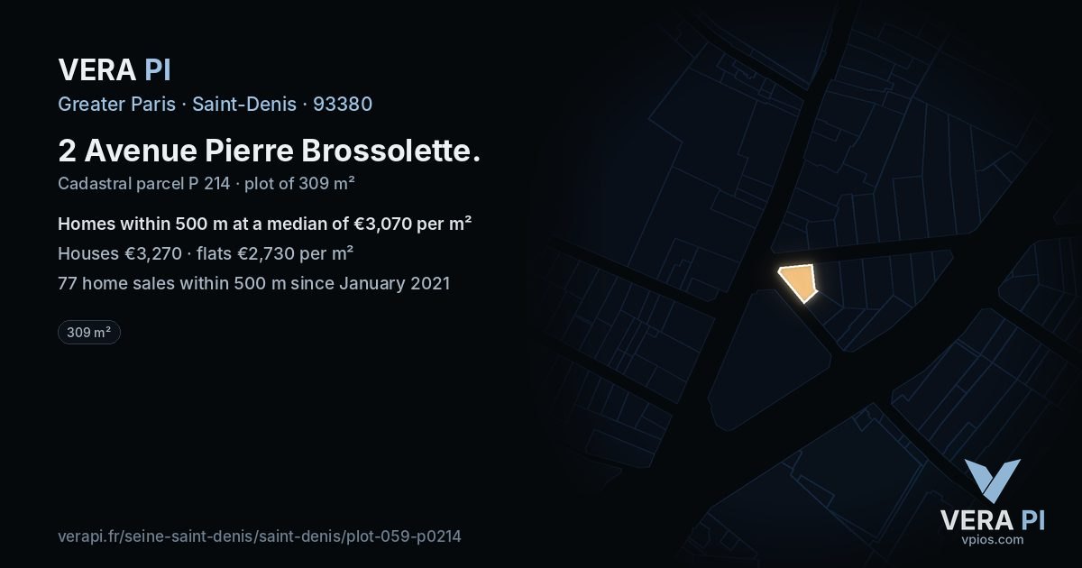 2 Avenue Pierre Brossolette, Saint-Denis at night – the plot lit, the parcels around coloured by the prices near them